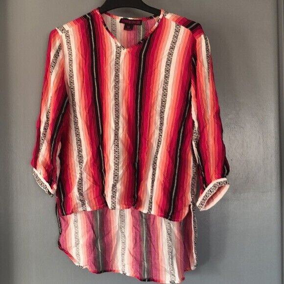 Rock & Roll Cowgirl Shirt Women's Size M Pink Stripe 3/4 Sleeve Hi Low Hem - Picture 1 of 6